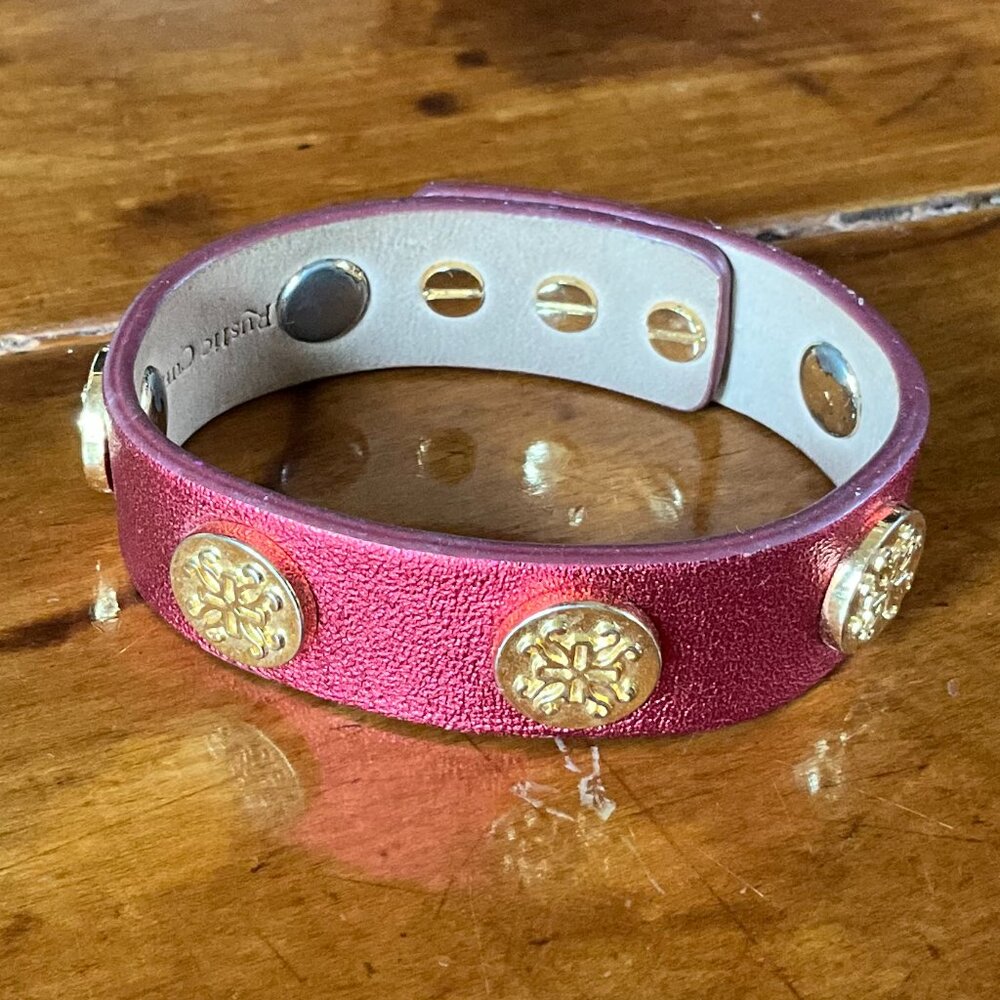 Rustic Cuff Metallic Red Leather Single Wrap Logo Adjustable Bracelet